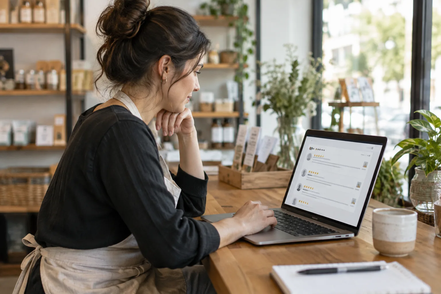 Une professionnelle consulte les retours de ses clients sur un ordinateur dans son commerce.