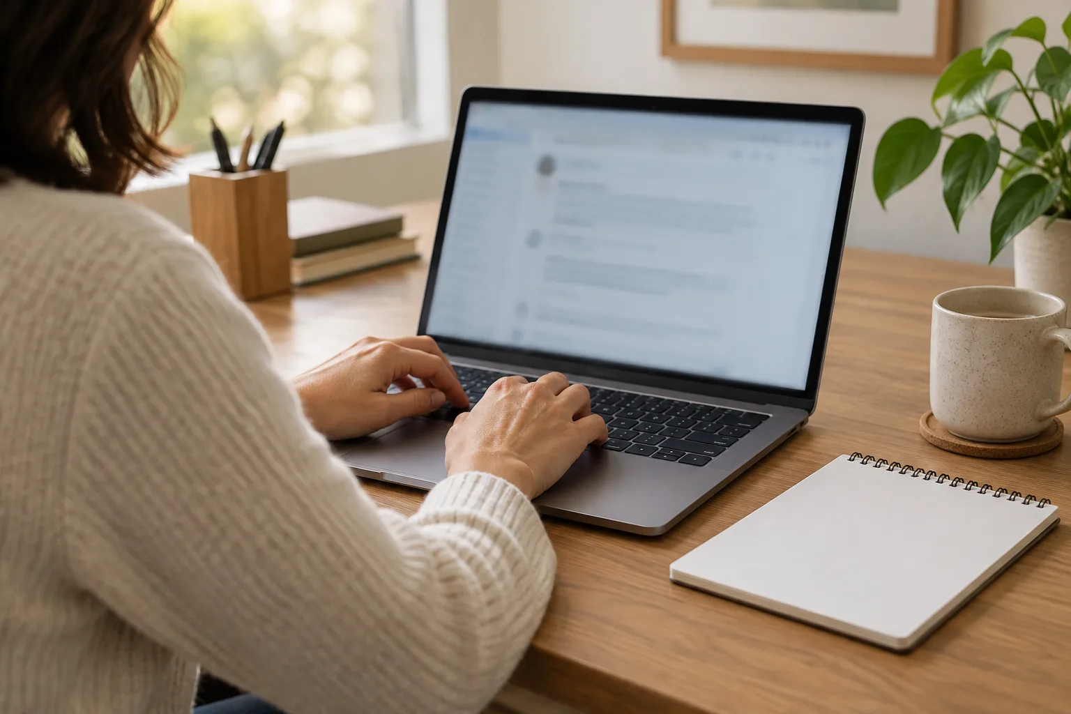 Une personne prépare une réponse en ligne depuis un ordinateur dans un espace de travail professionnel.