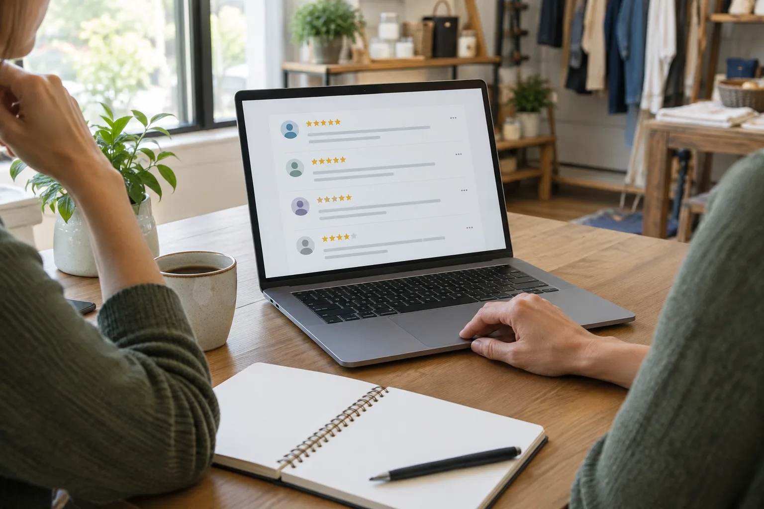 Une commerçante examine les avis de son activité sur un ordinateur, avec un carnet ouvert à côté.