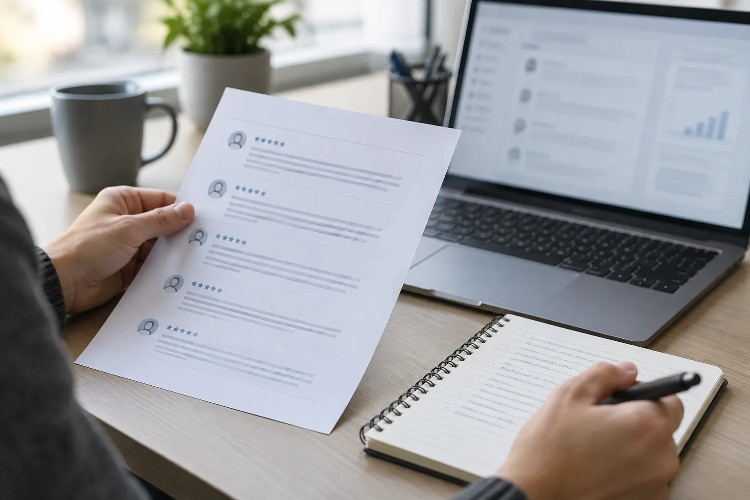 Des mains comparent un avis anonymisé avec des notes datées sur un bureau.