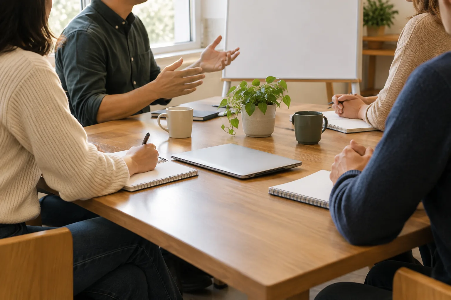 Une petite équipe échange autour d’une table avec des carnets et un planning vierge.