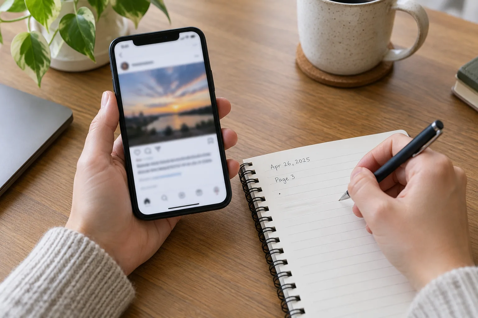 Des mains notent la date et les détails d’une publication consultée sur un smartphone.
