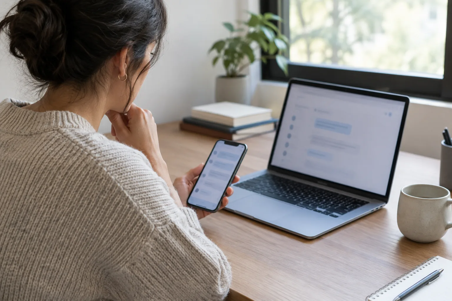 Une personne consulte son téléphone et son ordinateur après la publication d’un échange privé en ligne.