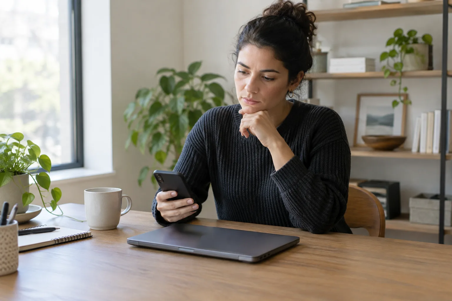 Un professionnel examine son téléphone à son bureau après la publication d’un échange en ligne.