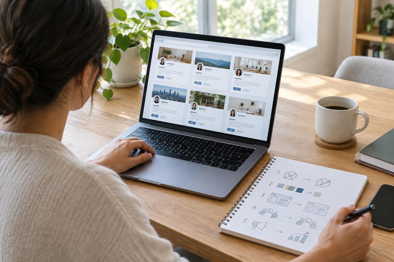 Une personne vérifie des pages professionnelles en ligne pendant la préparation d’un changement de nom commercial.