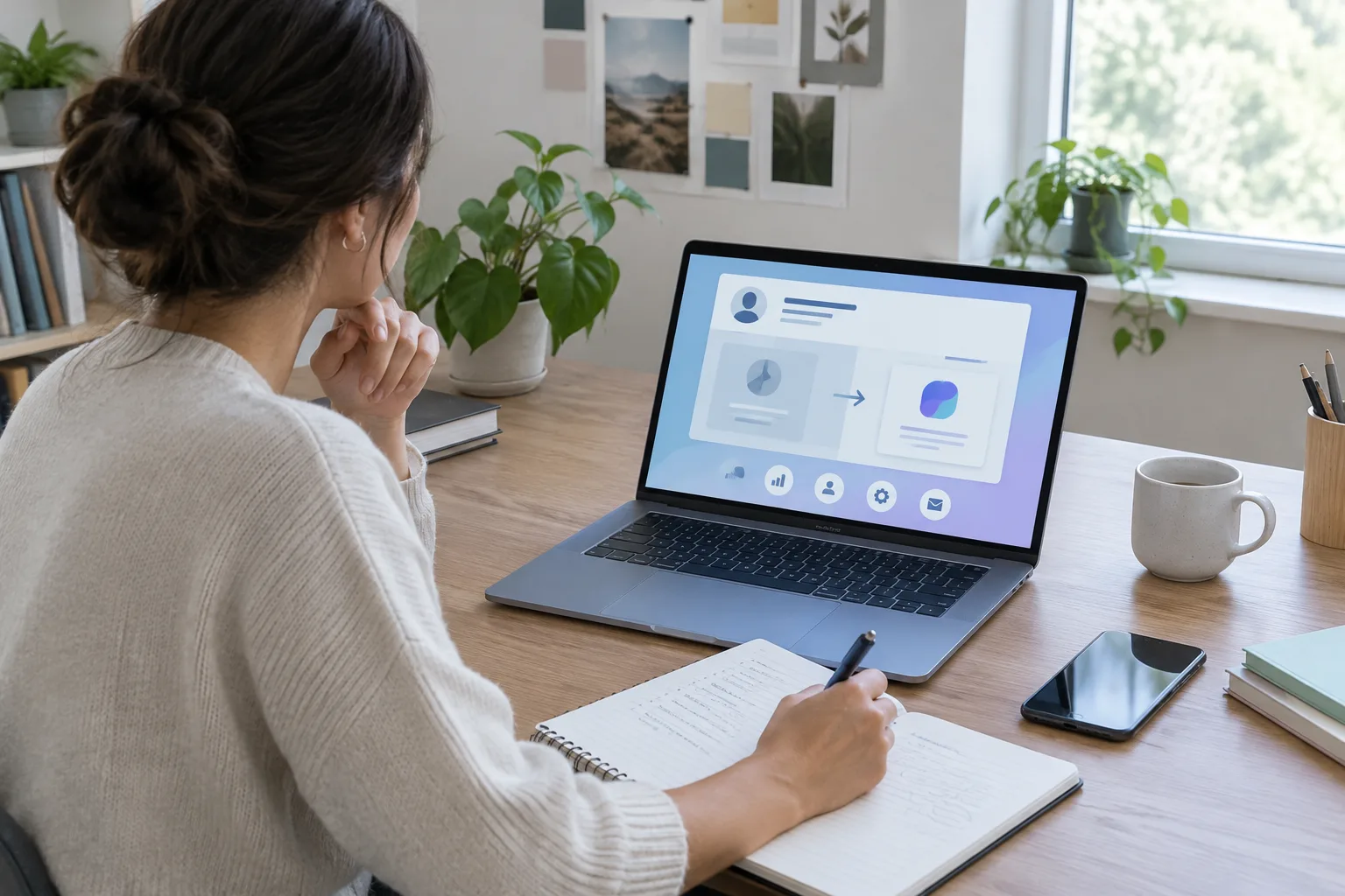 Une personne prépare la mise à jour des informations en ligne de son entreprise après un changement de nom.