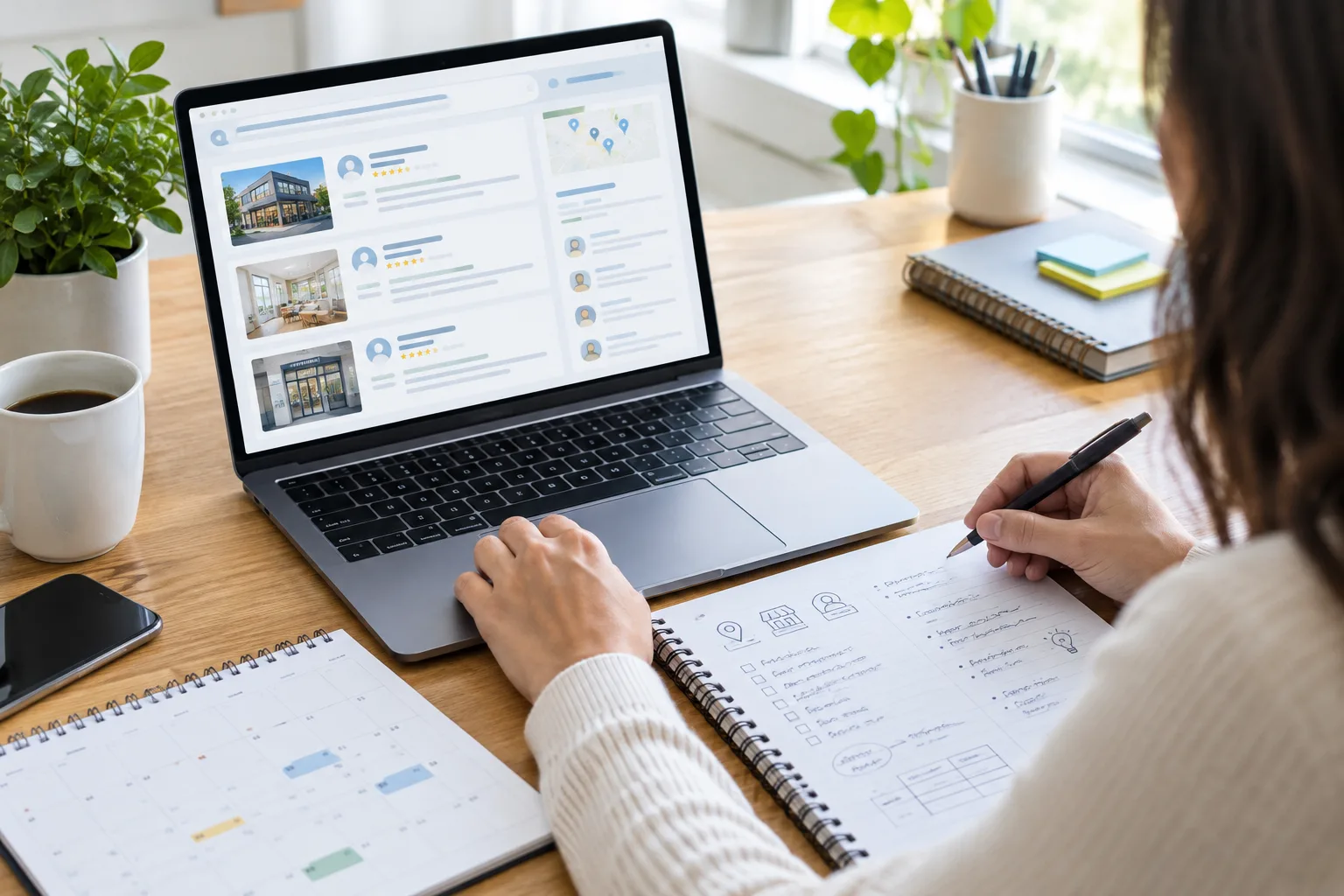 Un ordinateur et des notes servent à recenser les profils en ligne d’une entreprise.