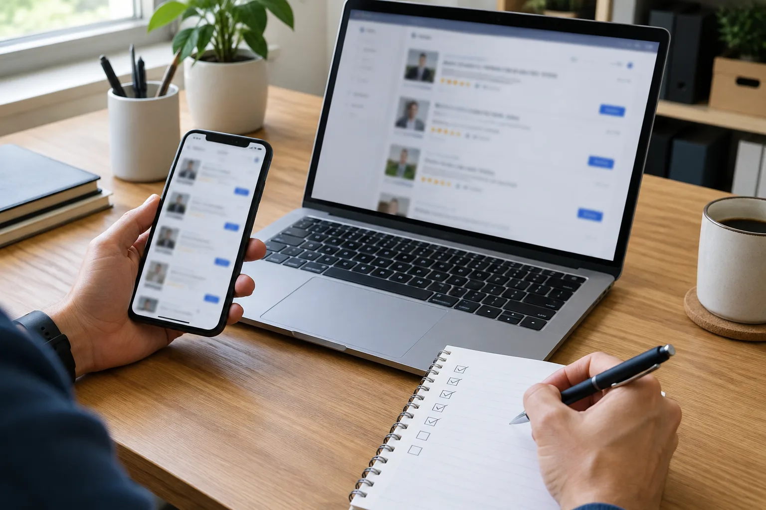 Une personne compare des profils professionnels sur un ordinateur et un téléphone en préparant une liste de suivi.