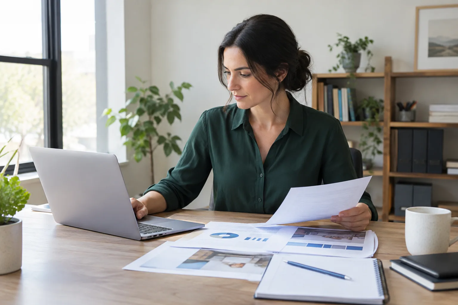 Une entrepreneuse vérifie sur son ordinateur les supports de communication de son entreprise.
