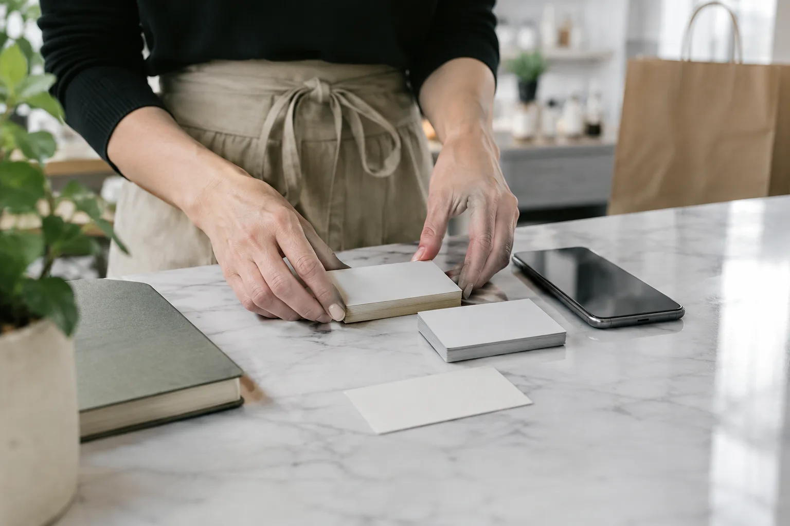 Des mains organisent des cartes vierges et un téléphone sur le comptoir d’une petite entreprise.