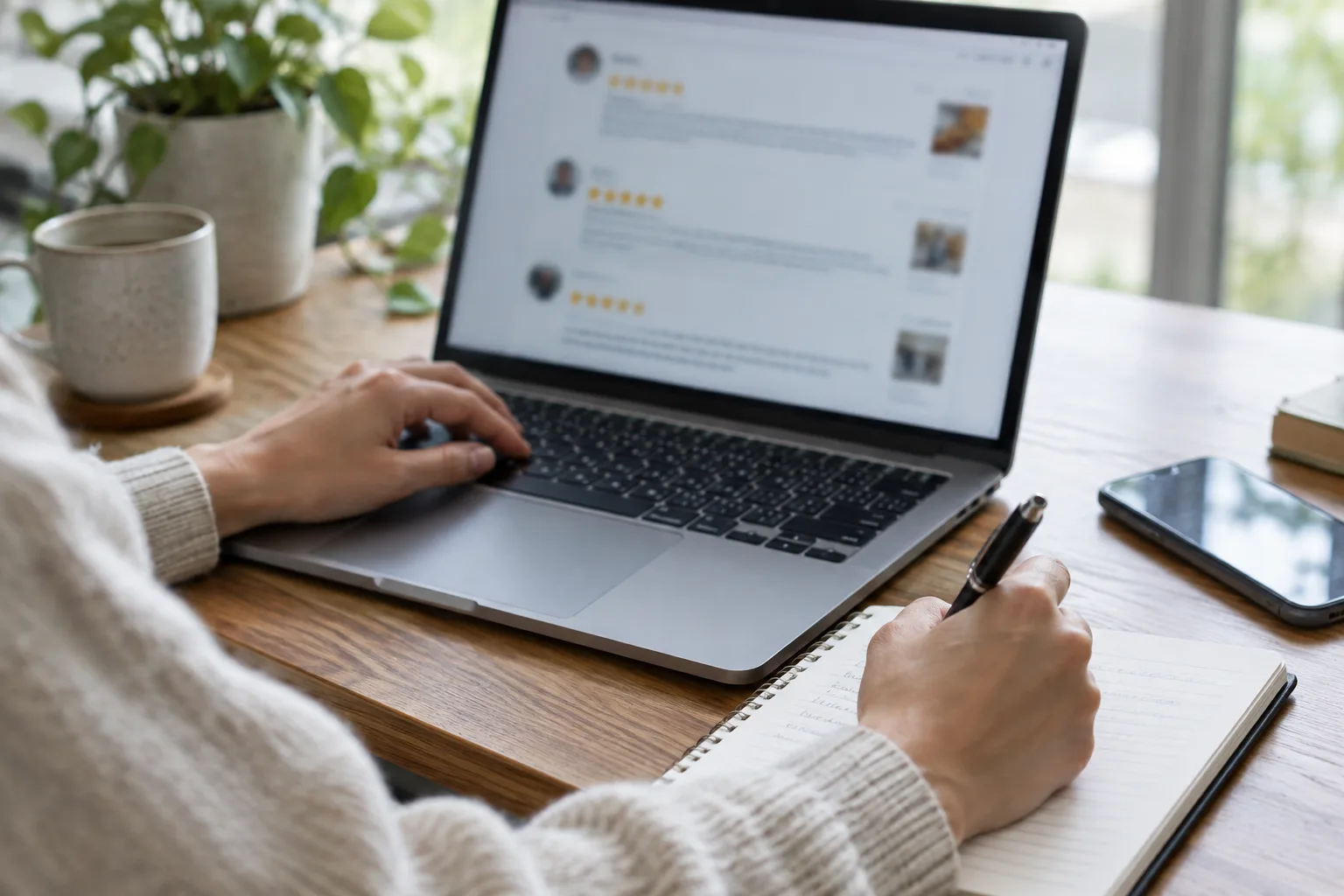 Des mains consignent des éléments liés à un avis en ligne, avec un ordinateur et un carnet.