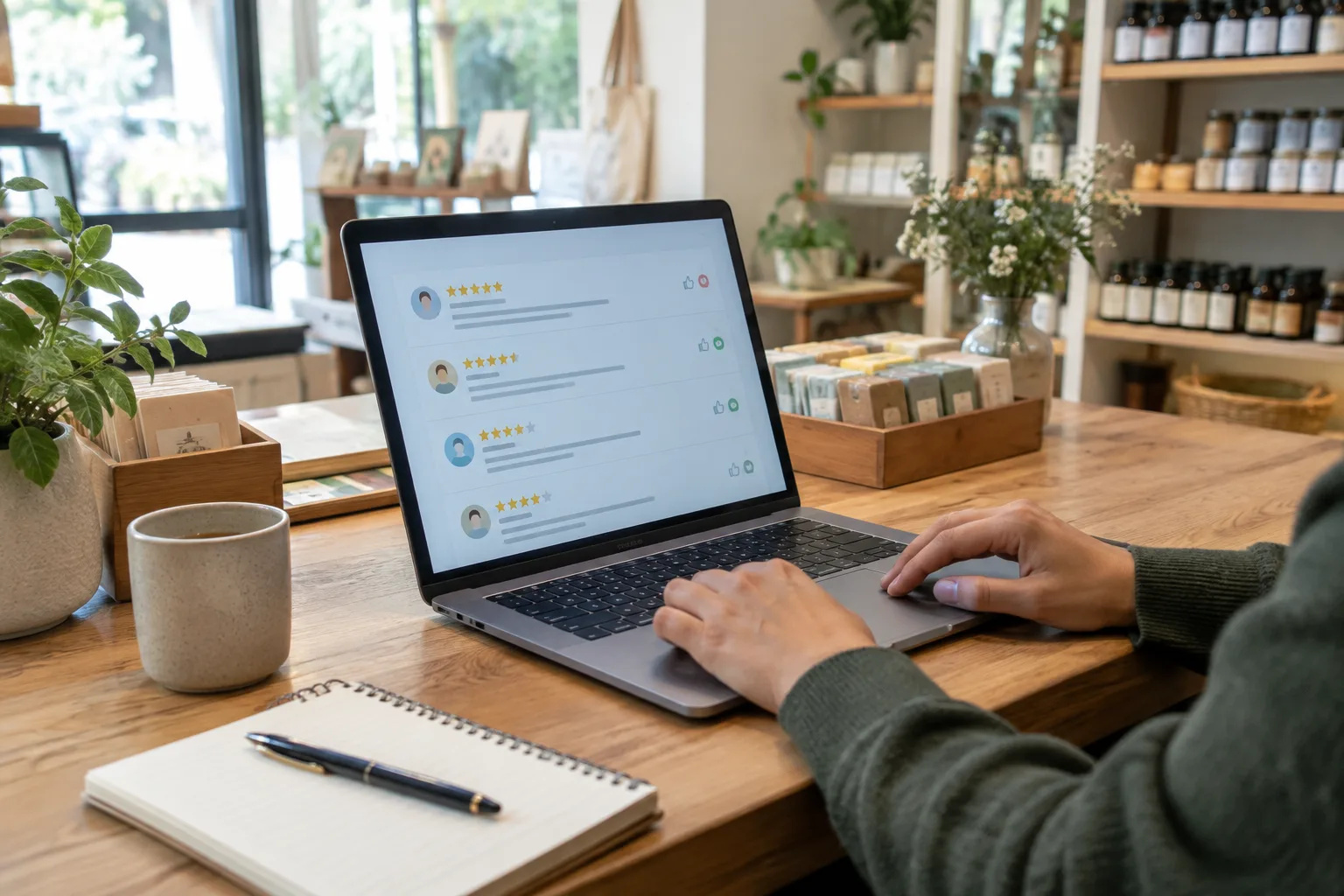 Un professionnel consulte un avis en ligne depuis le comptoir de son commerce.