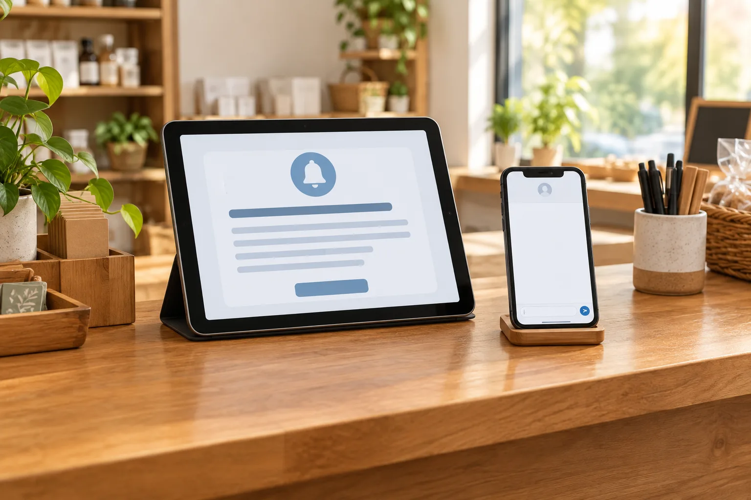 Une tablette et un téléphone utilisés pour préparer une information destinée aux clients.
