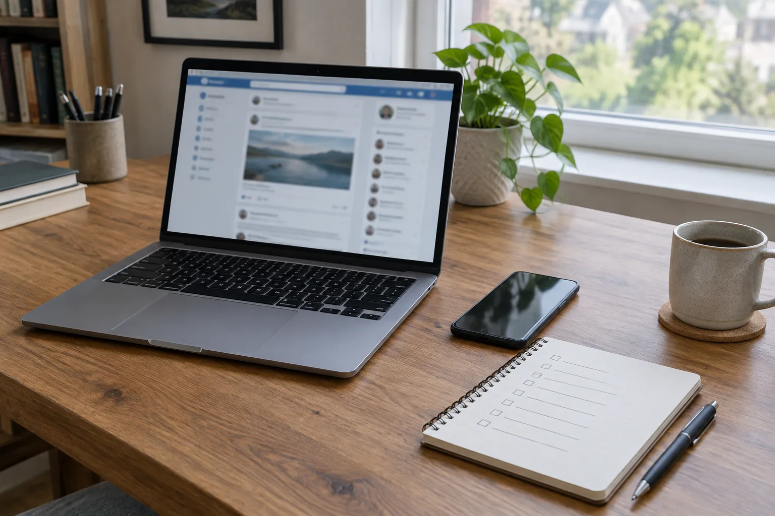 Un ordinateur et un téléphone posés sur un bureau tandis qu’une personne prépare une vérification de compte professionnel.