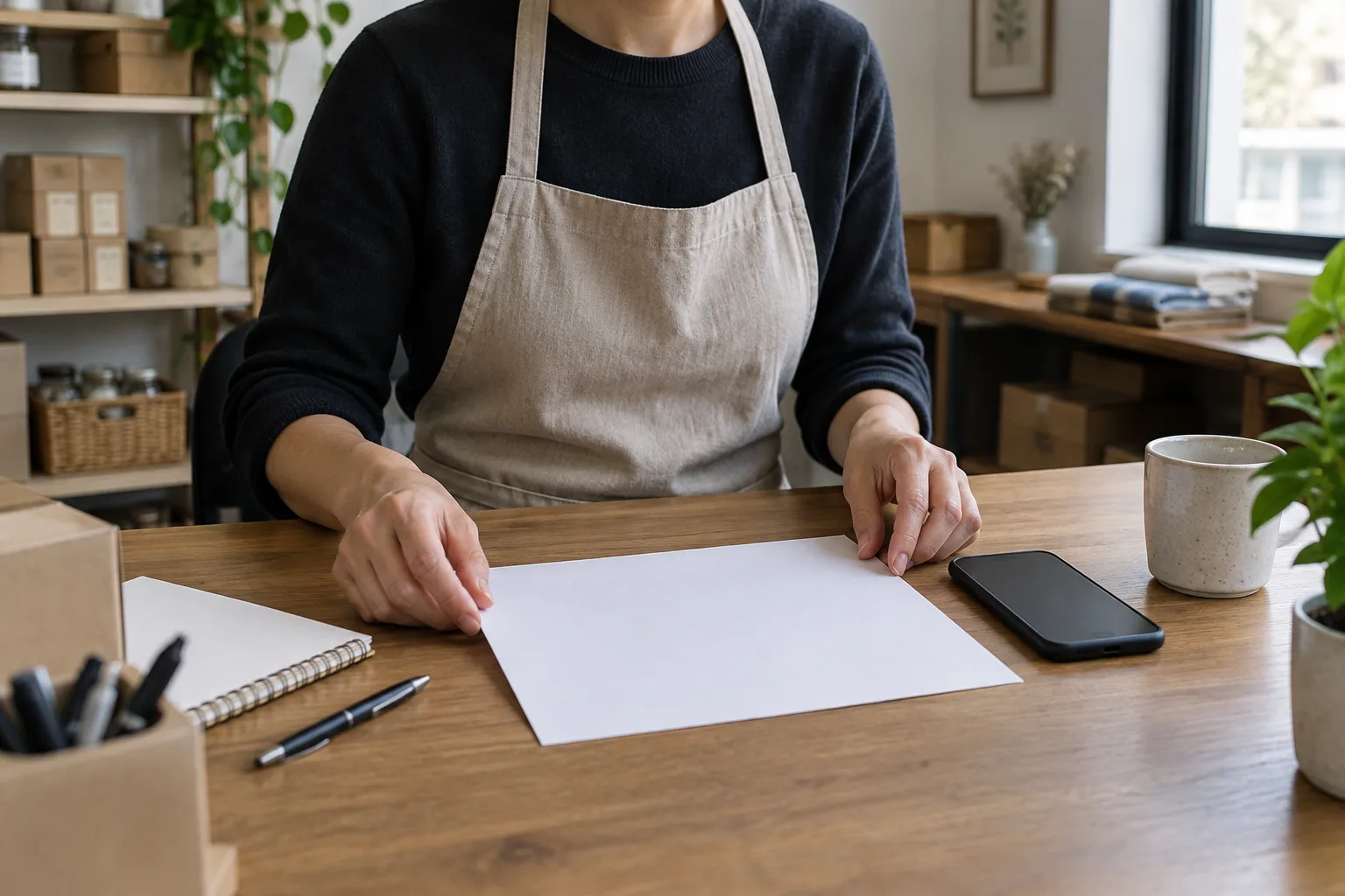 Une personne prépare une communication professionnelle sobre à son bureau.