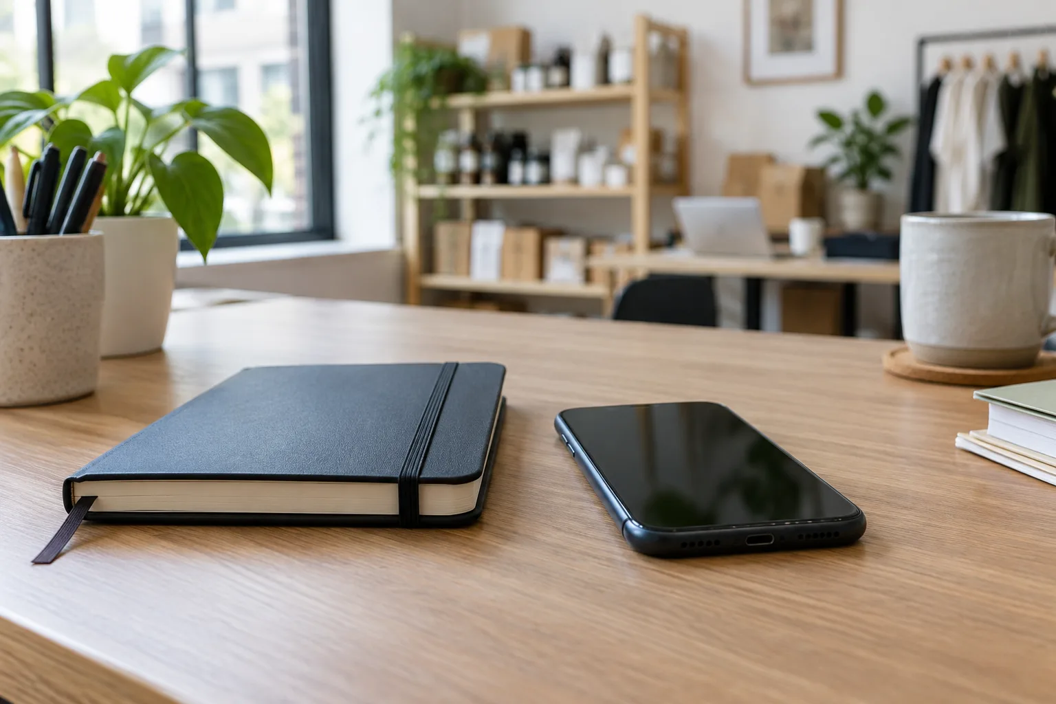 Un téléphone posé près d’un carnet fermé sur un bureau professionnel.