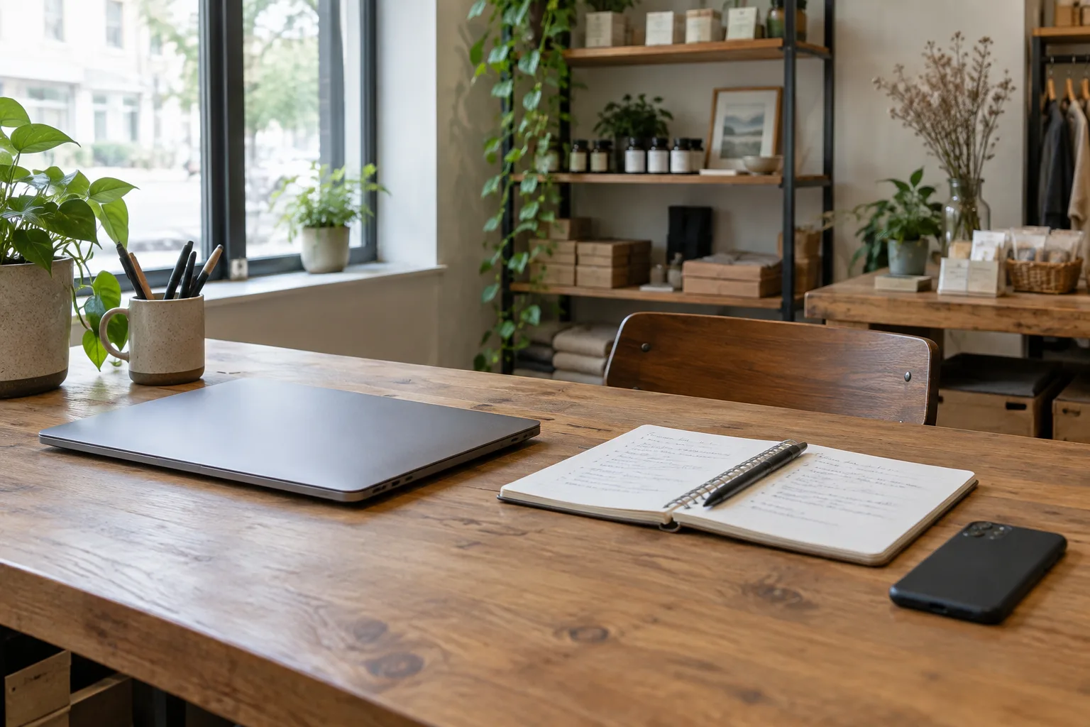 Un carnet de notes et un téléphone posé près d’un ordinateur fermé dans un espace de travail professionnel.