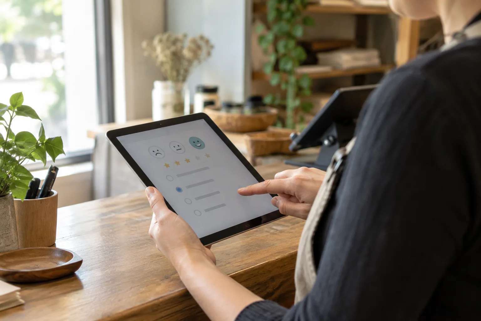 Une personne dirigeant une petite entreprise consulte une tablette au comptoir pour organiser le suivi des avis clients.