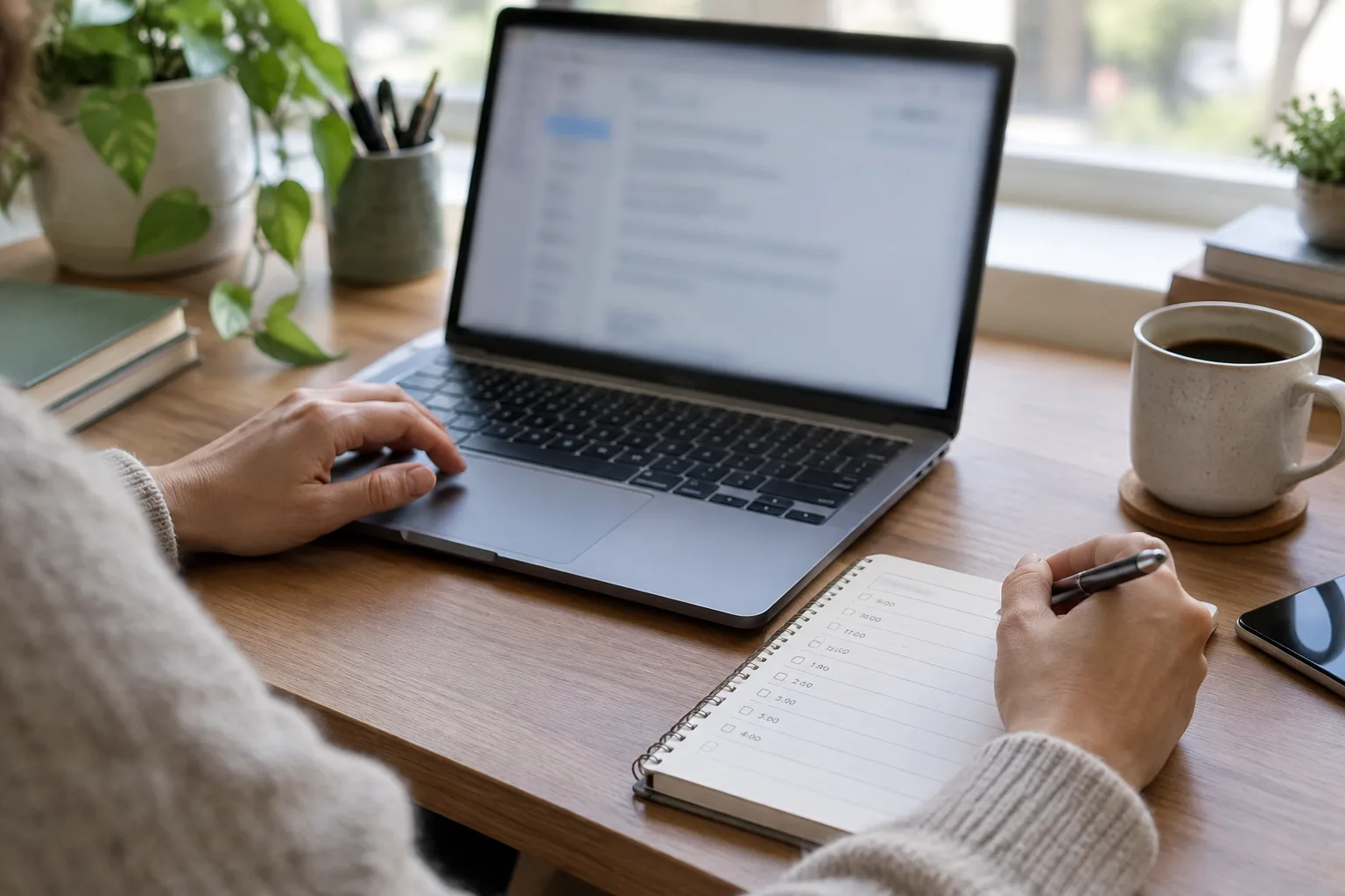 Un professionnel prépare un message de suivi après un rendez-vous client.