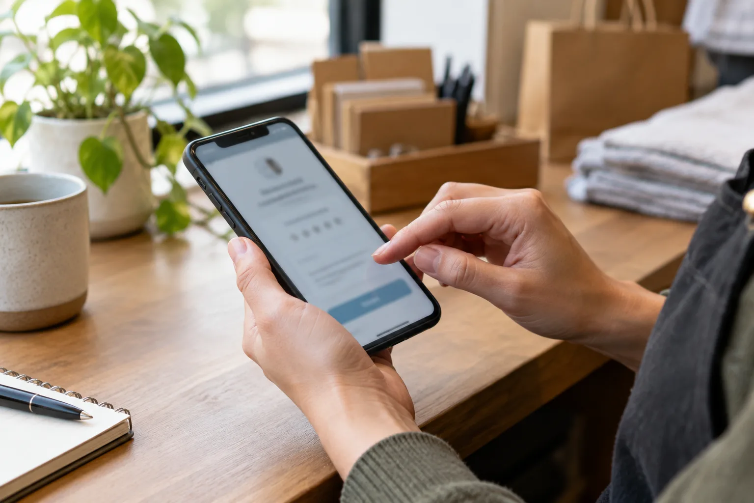 Un professionnel prépare une demande d’avis client sur son téléphone après une prestation.
