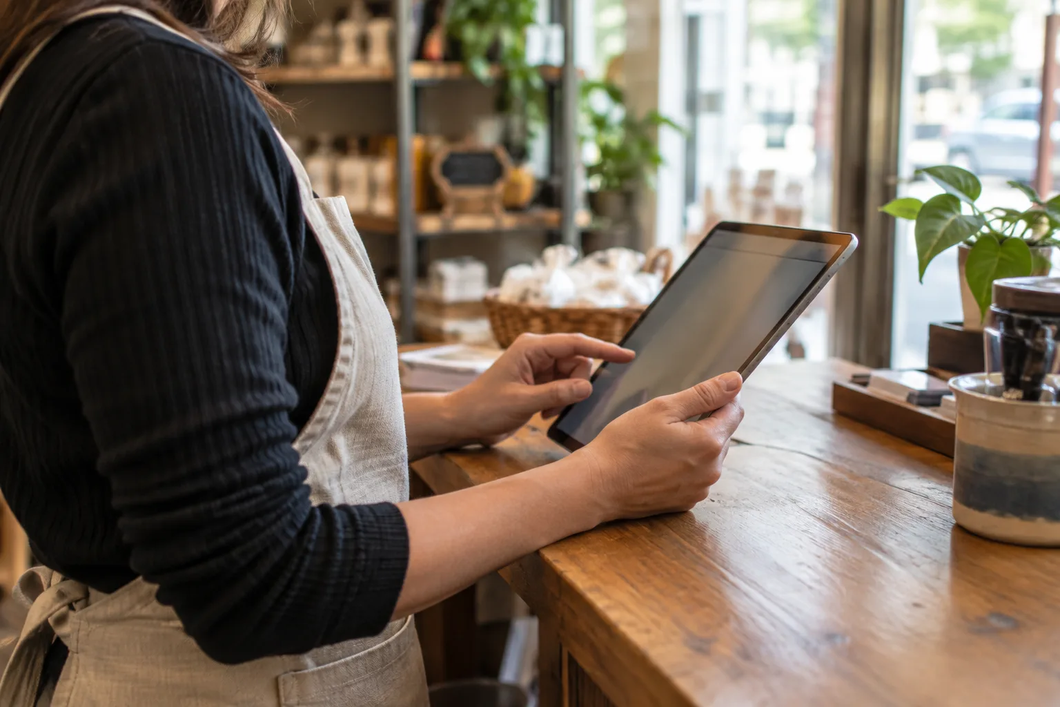 Un commerçant consulte des retours clients sur une tablette à son comptoir.