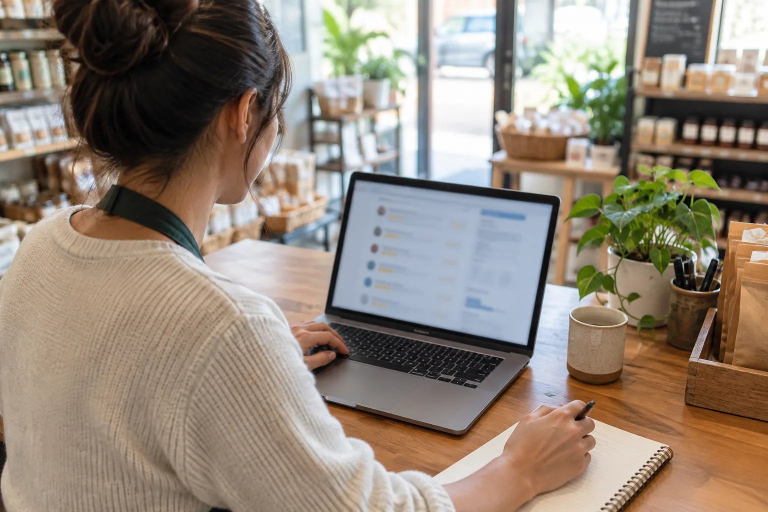 Un professionnel consulte des retours clients sur un ordinateur dans son commerce.