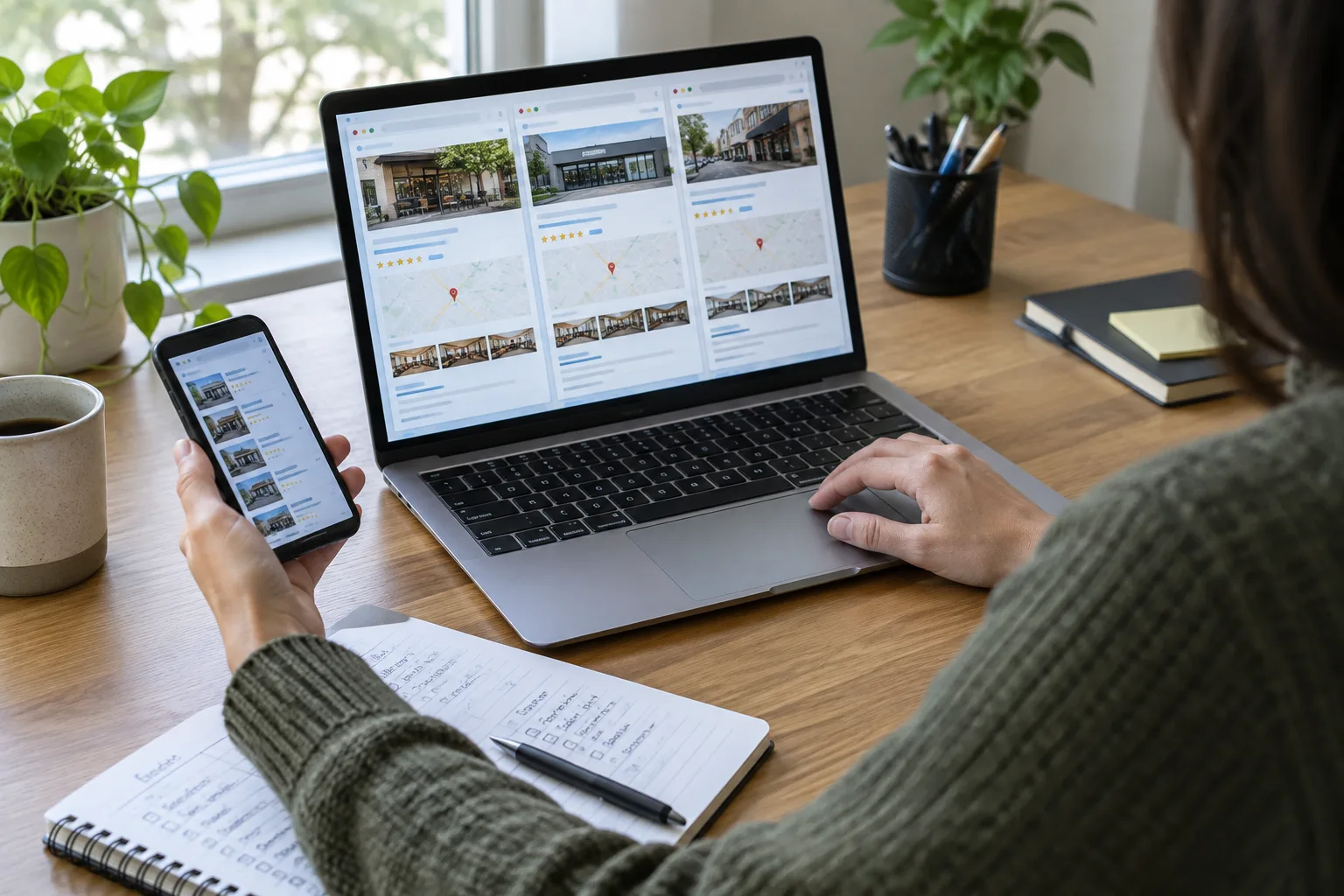 Une personne compare des fiches d’entreprise en ligne avec des notes prises sur papier.