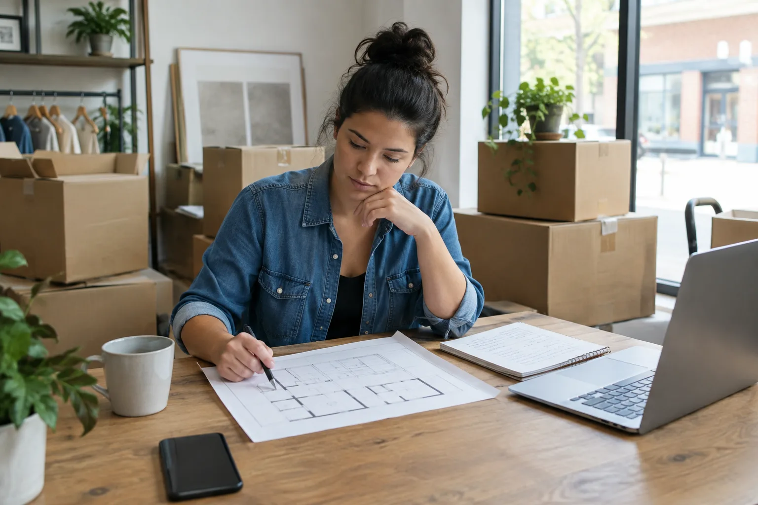 Un commerçant prépare le transfert de son activité près de cartons et de documents.
