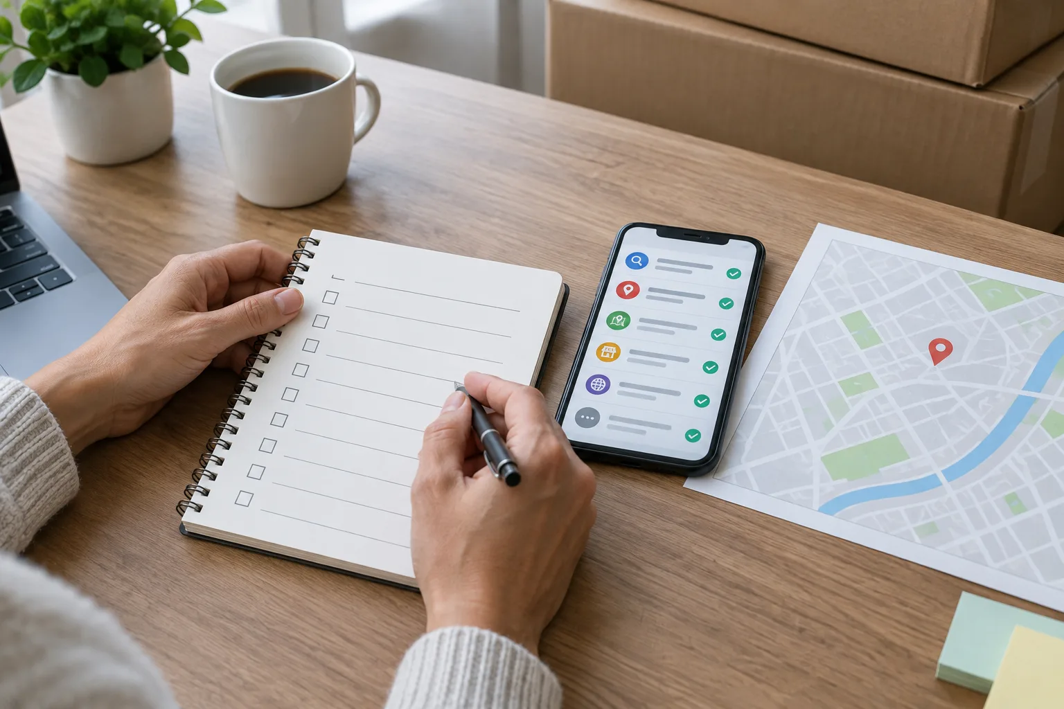 Des mains organisent un inventaire de démarches à côté d’un téléphone et d’une carte.