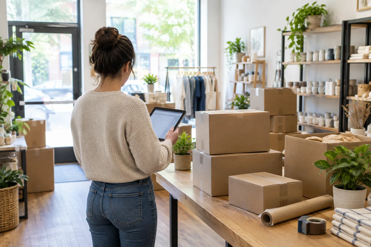 Une commerçante prépare le déménagement de sa boutique à côté de cartons et d’une tablette.