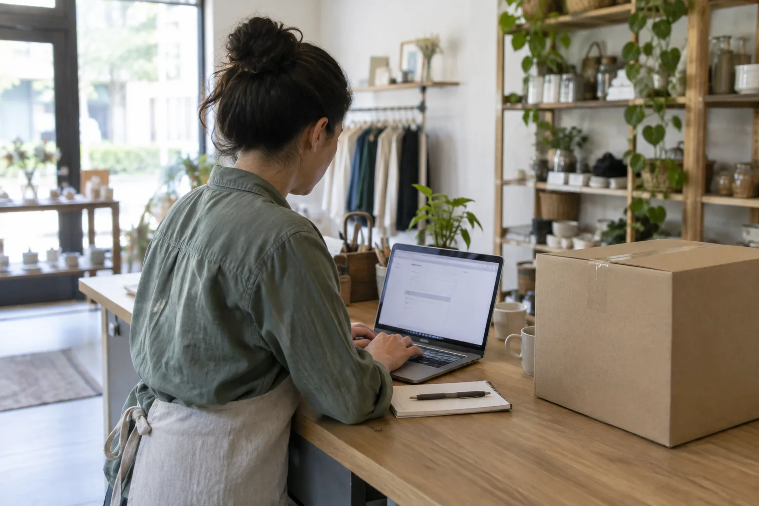 Un commerçant met à jour les informations de son entreprise sur un ordinateur avant un déménagement.