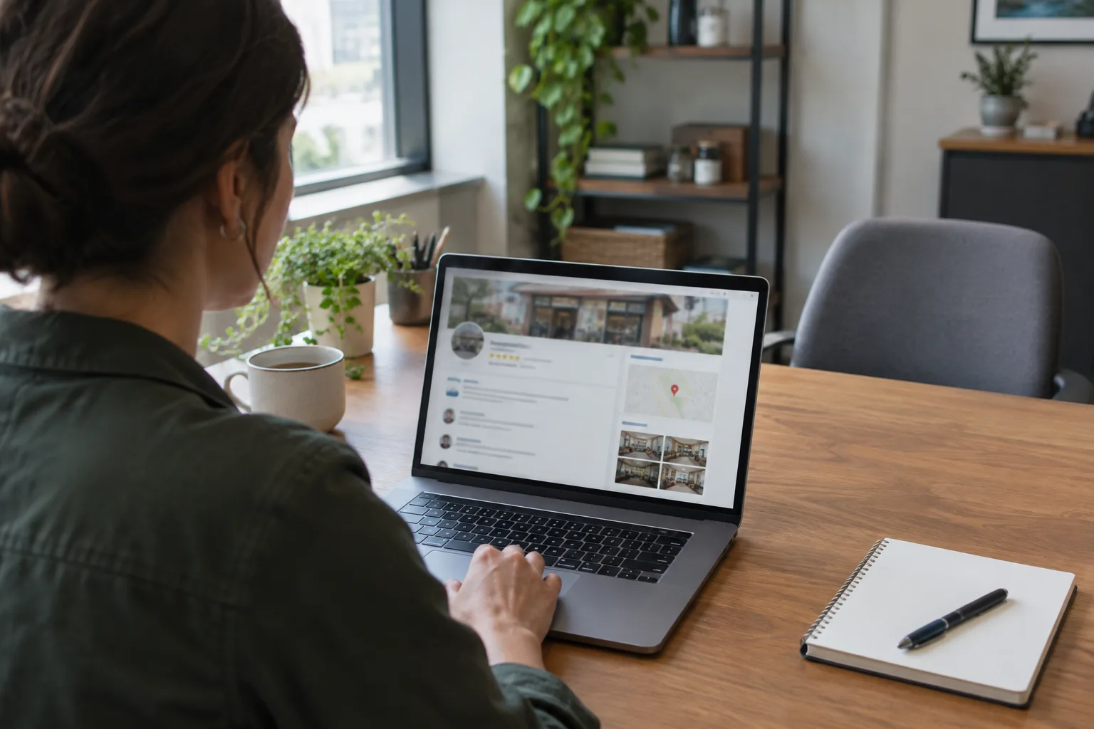 Un entrepreneur consulte une fiche établissement sur un ordinateur dans son bureau.