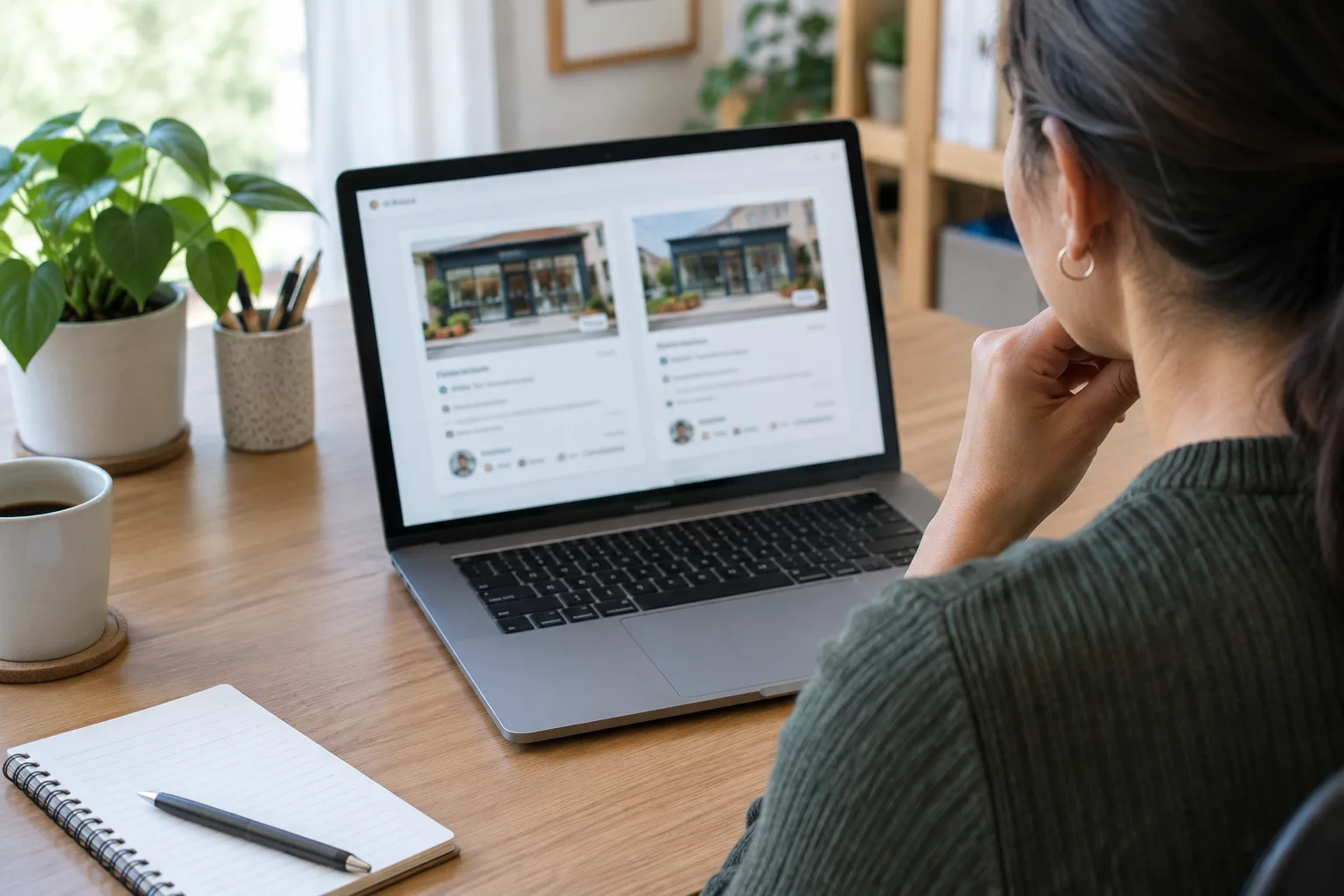 Un professionnel compare des informations d’entreprise sur un ordinateur pour clarifier une confusion entre deux activités.
