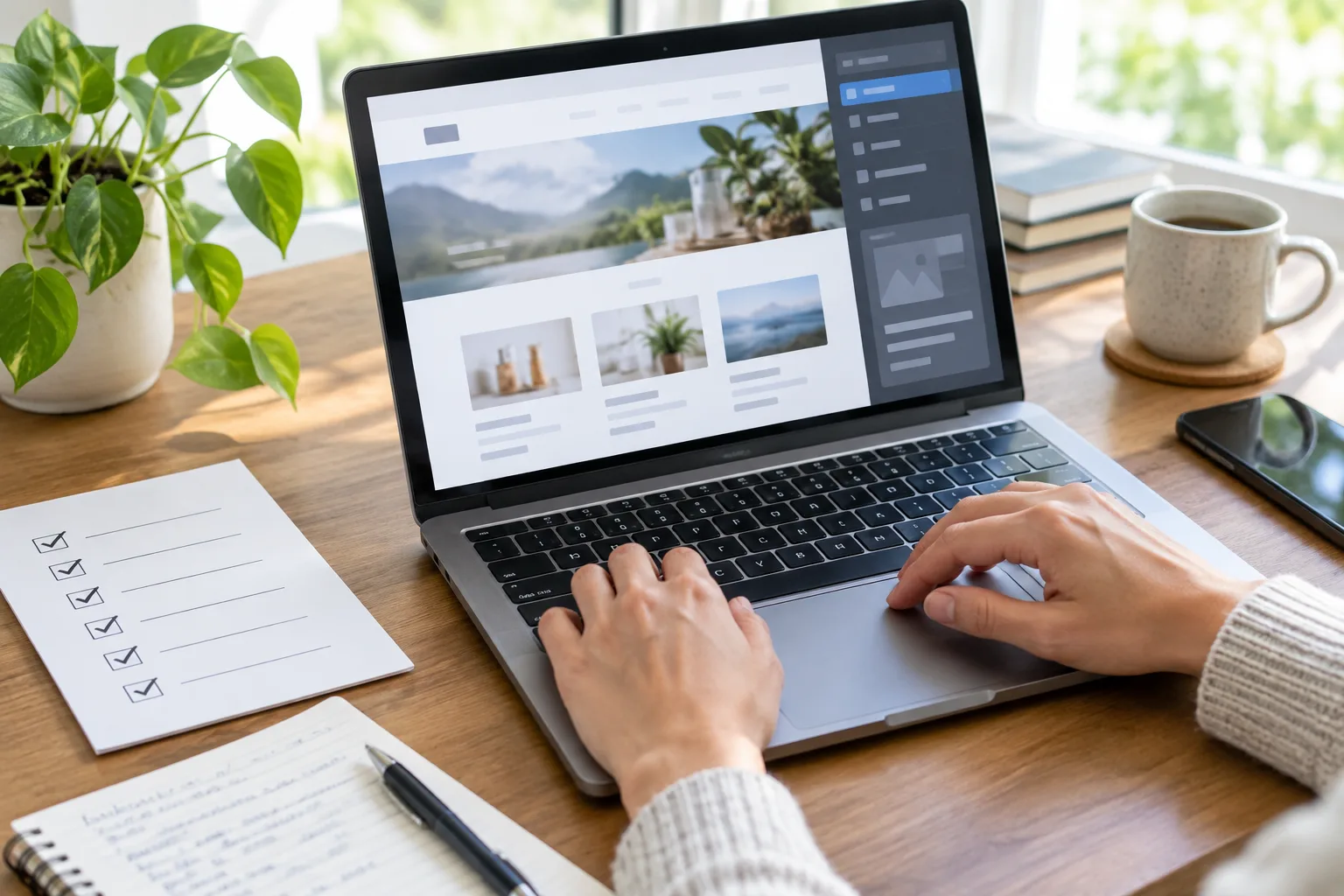 Des mains mettent à jour une page web à côté d’une liste de vérification.