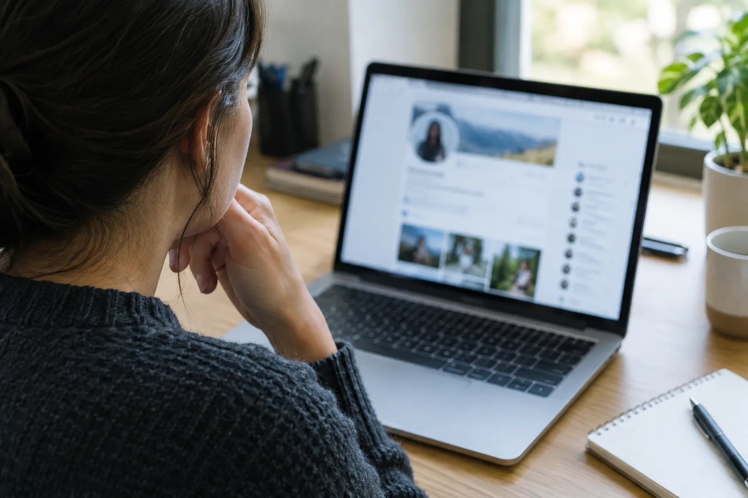 Un dirigeant examine un profil suspect sur son ordinateur dans son bureau.