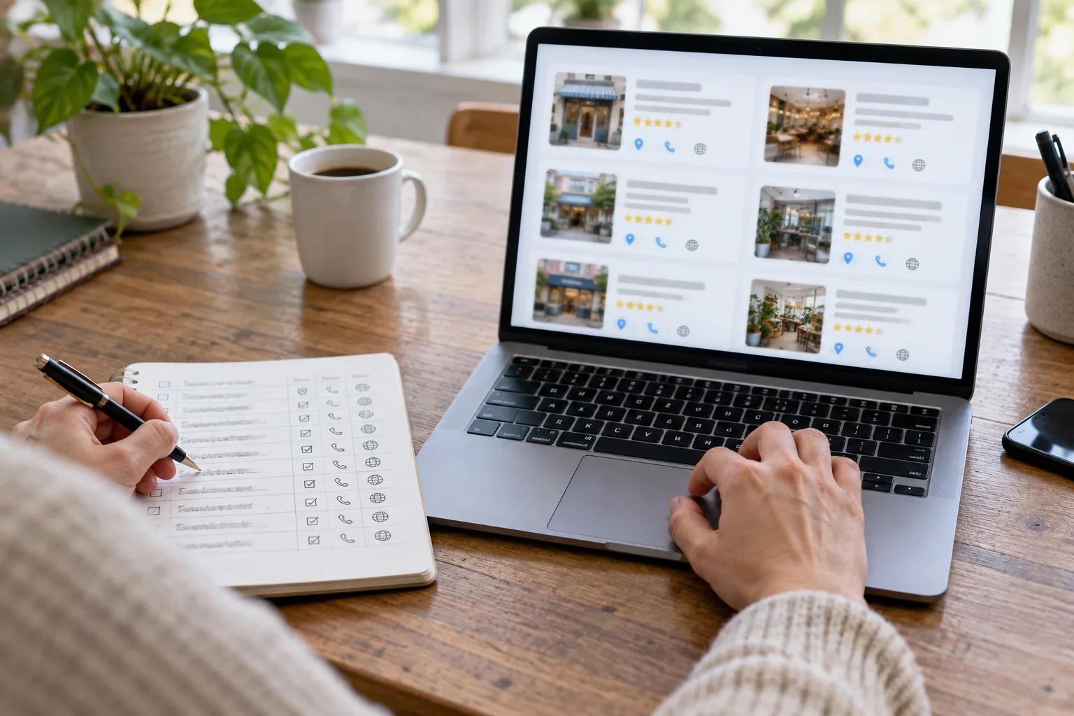 Mains prenant des notes devant un ordinateur affichant des fiches en ligne floutées.