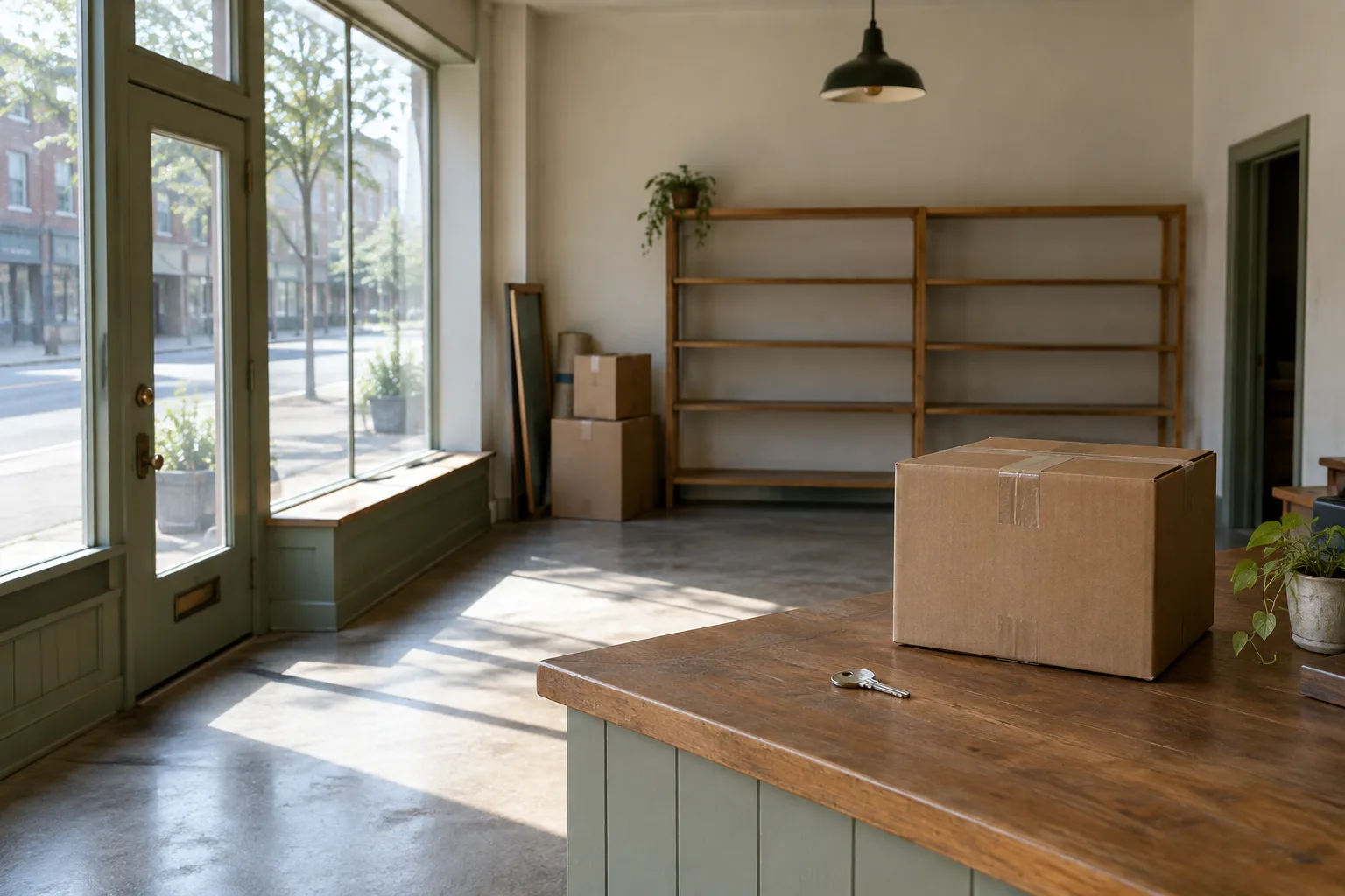 Devanture d’un petit commerce vide après un déménagement, avec un carton posé sur le comptoir.