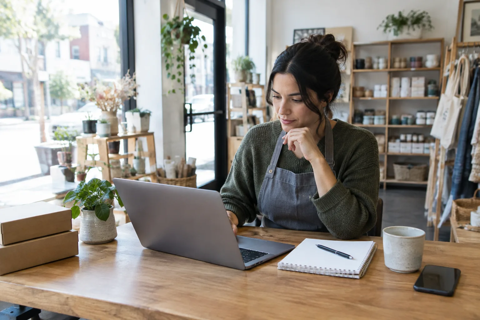 Un commerçant vérifie les coordonnées de son établissement sur un ordinateur, près de son lieu de travail.