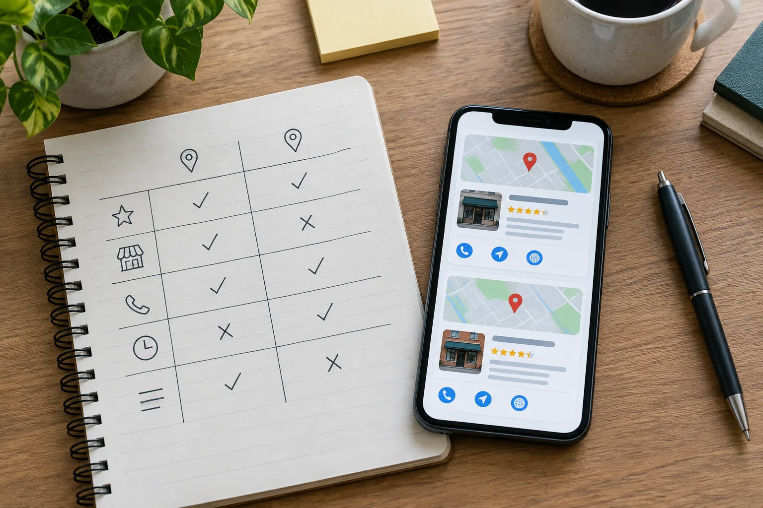 Un carnet de comparaison et un smartphone affichant deux fiches d’établissement génériques.