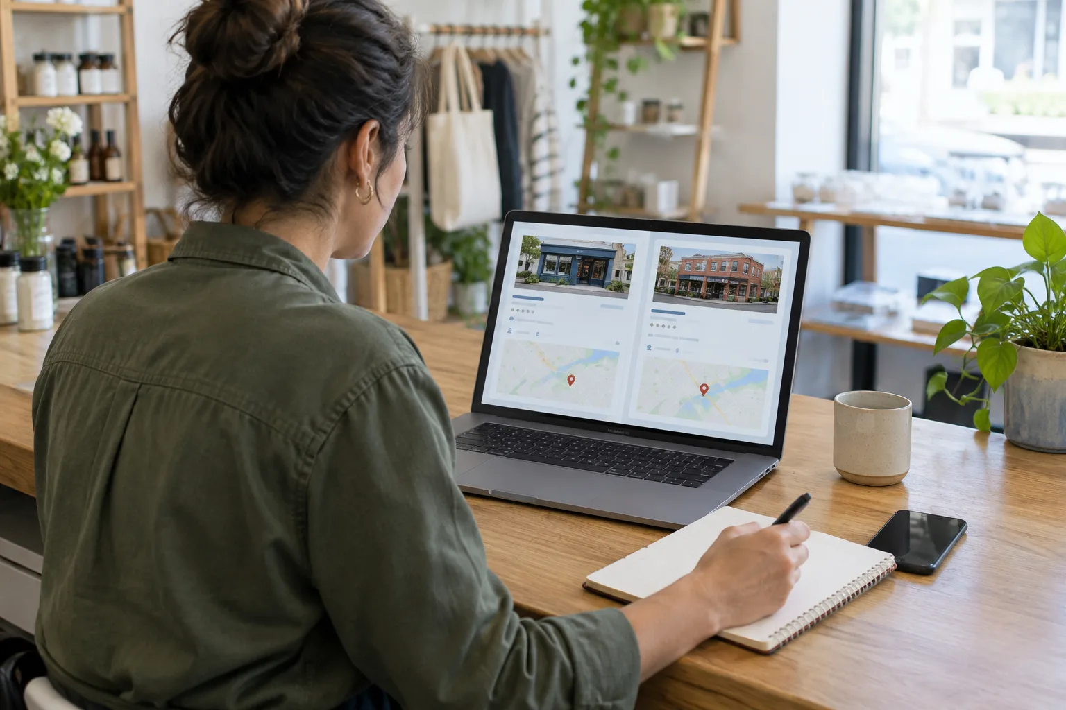 Un professionnel compare deux fiches établissement sur un ordinateur et prend des notes.