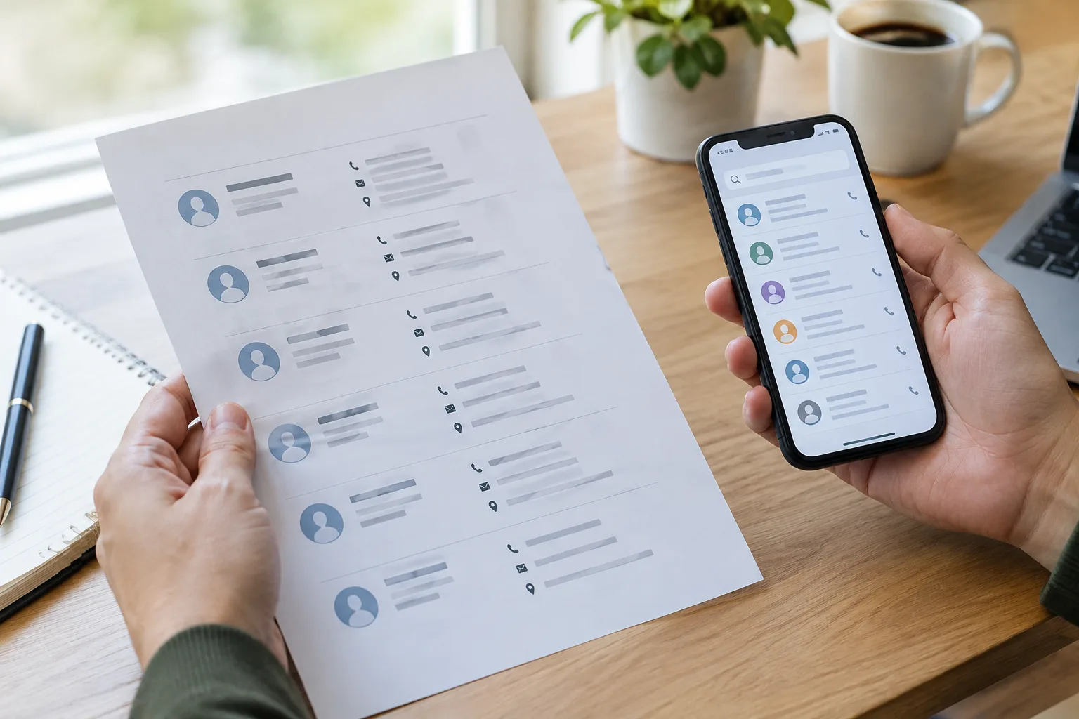 Des mains comparent des coordonnées professionnelles sur papier et sur un téléphone.