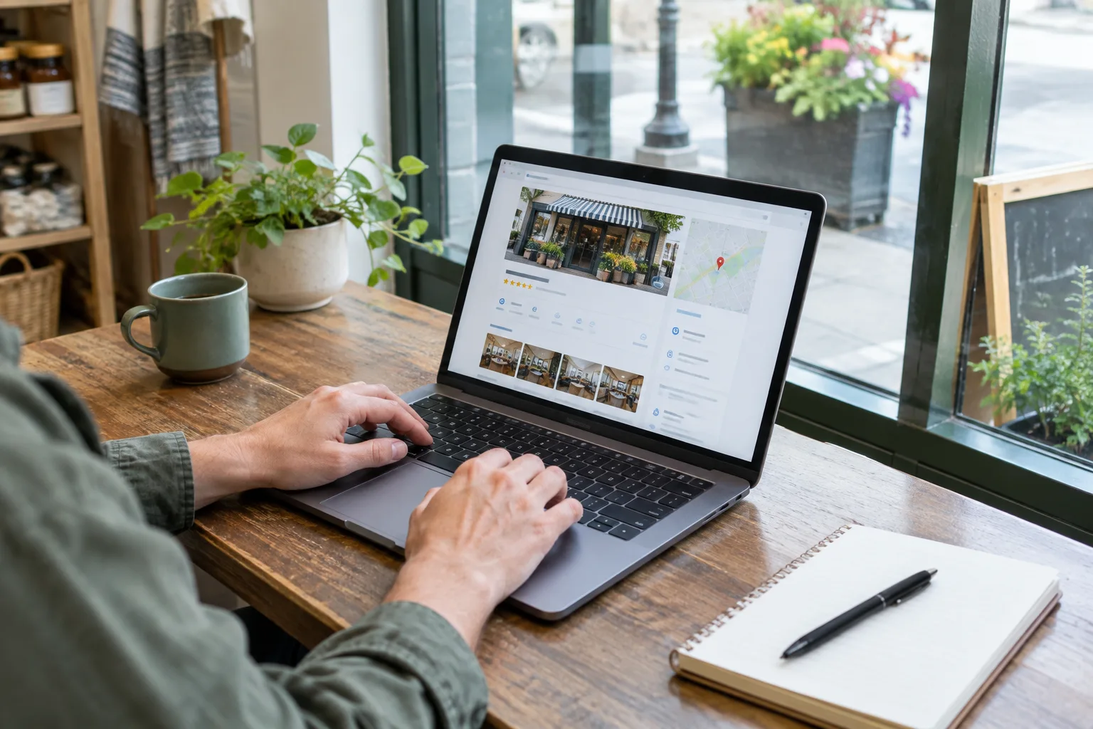 Une personne vérifie sur un ordinateur les informations en ligne de son commerce.