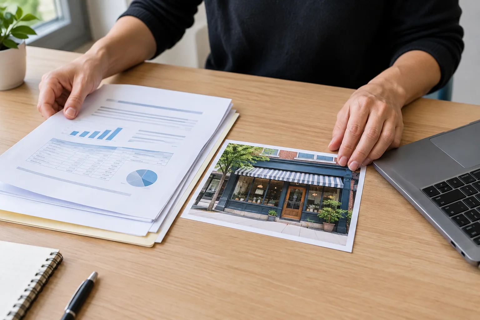 Des documents professionnels et une photo de devanture sont réunis près d’un ordinateur.