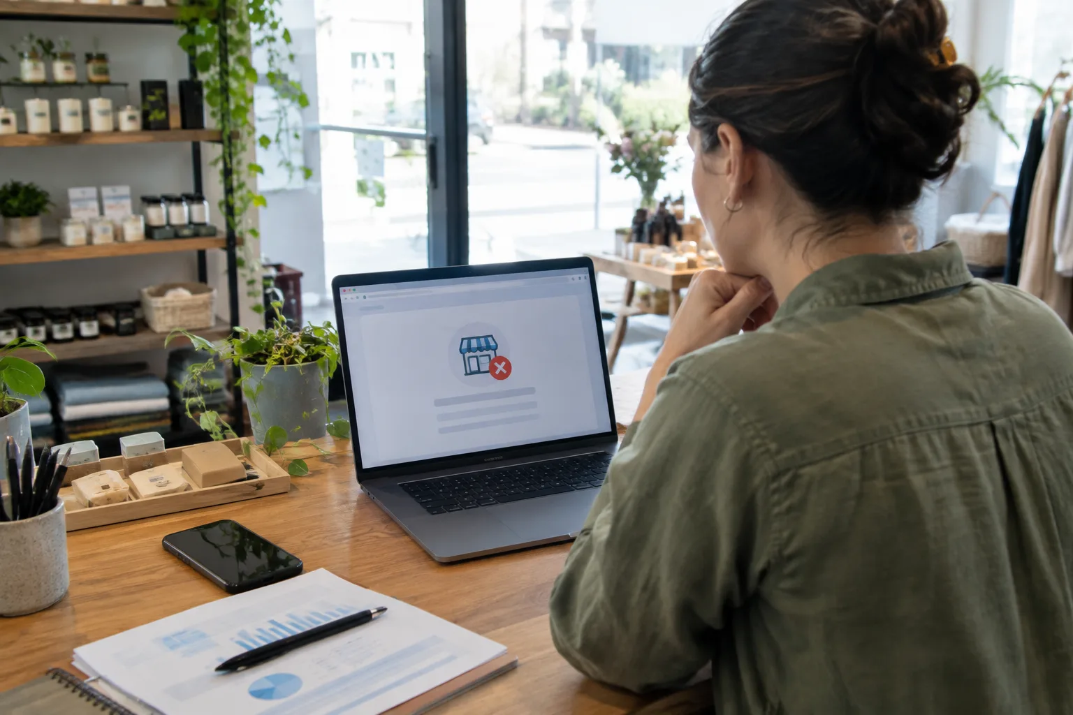 Un commerçant vérifie des documents et un ordinateur au comptoir de son établissement.