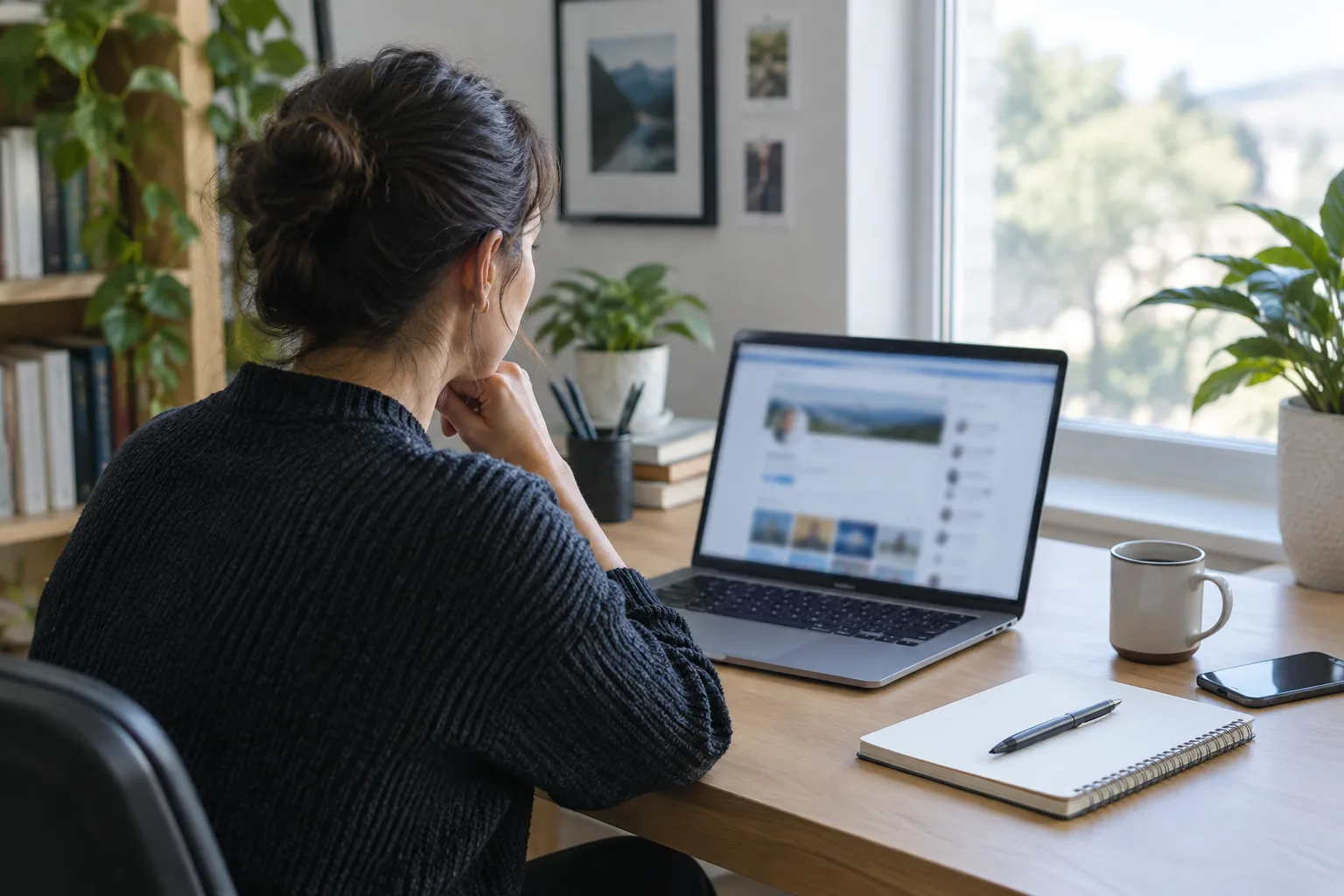 Un indépendant examine ses profils en ligne depuis un ordinateur posé sur un bureau.