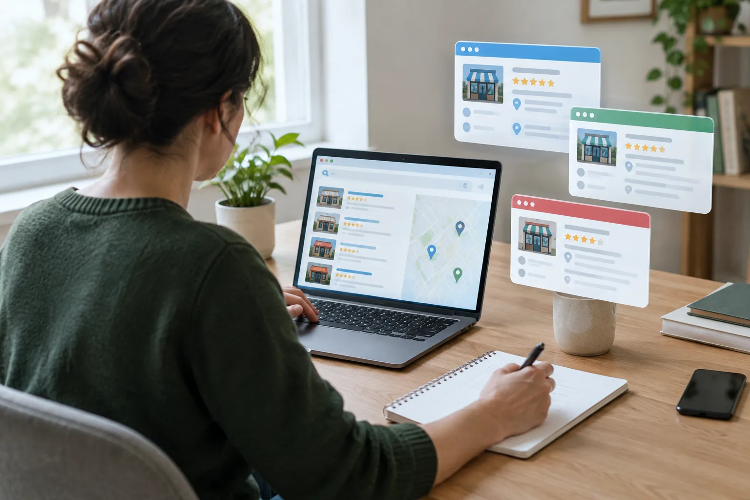 Un professionnel compare des fiches d’entreprise sur un ordinateur avec ses notes.