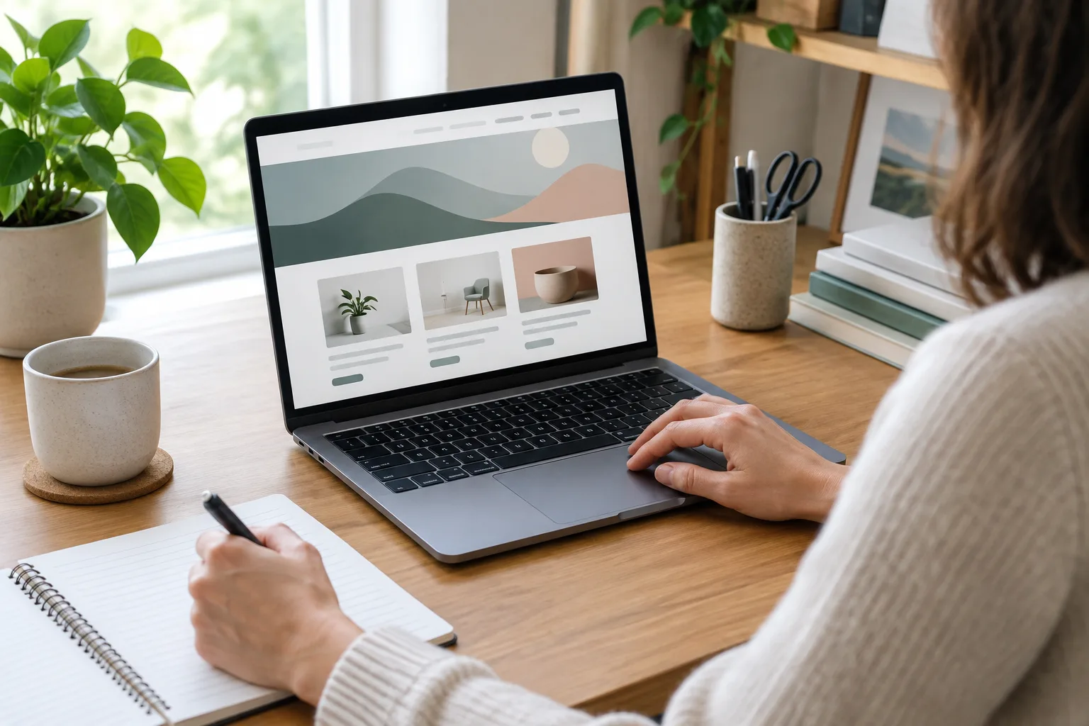 Un entrepreneur organise les informations en ligne de sa nouvelle activité sur un ordinateur et un carnet.