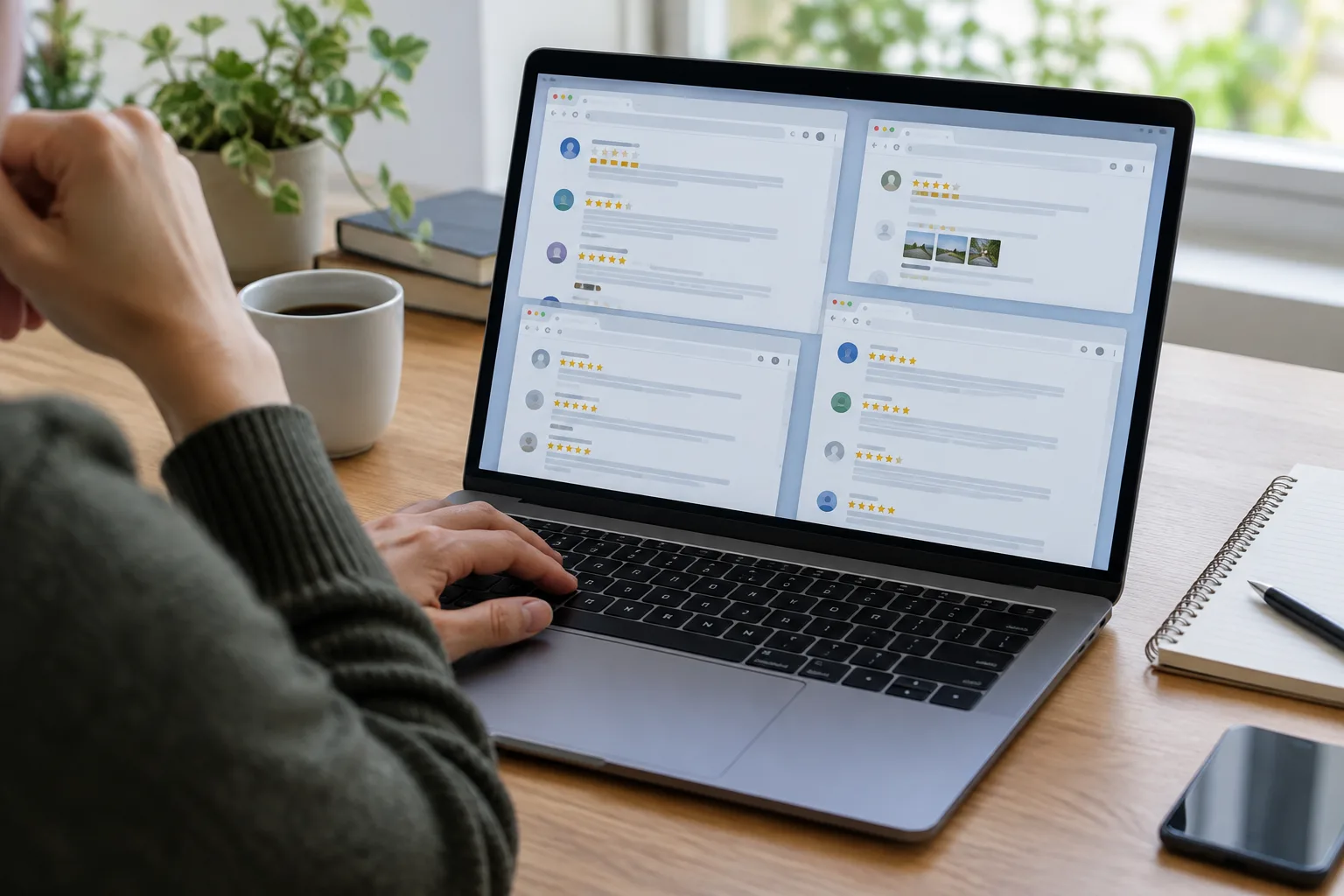 Un professionnel compare des avis clients affichés sur plusieurs pages ouvertes sur un ordinateur.