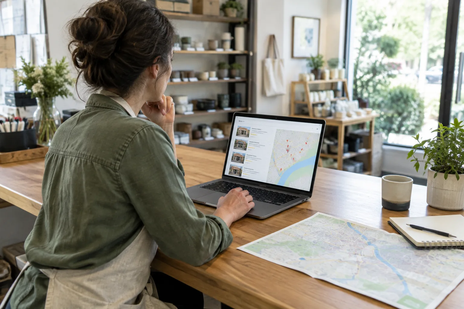 Un professionnel vérifie les coordonnées de son établissement sur un ordinateur, avec une carte et un carnet à proximité.