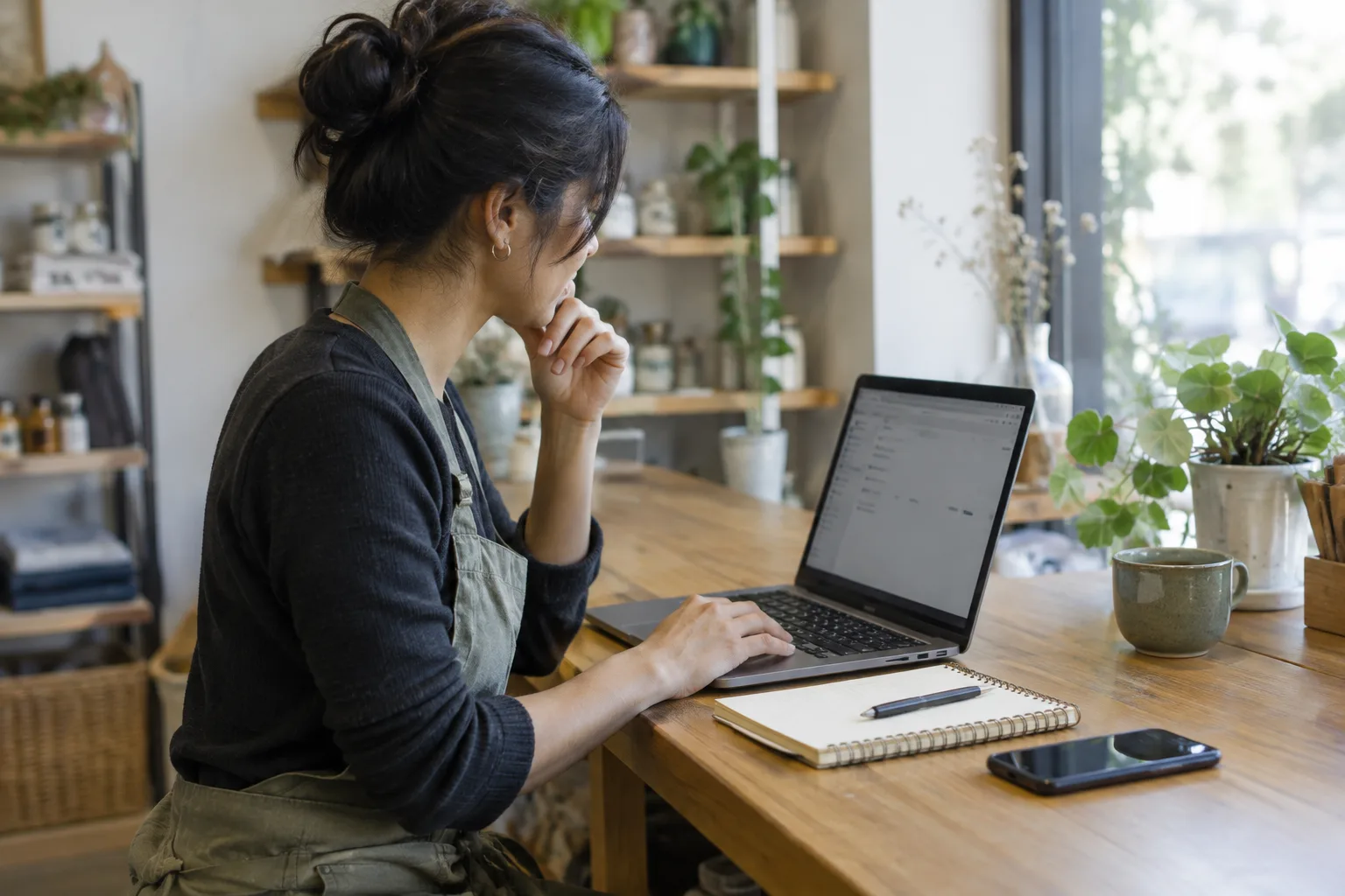 Un commerçant examine un échange client sur son ordinateur et prend des notes.